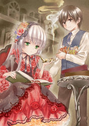 Rule 34 | 1boy, 1girl, amano sakuya, book, brown eyes, brown hair, carrying, chin strap, dress, flower, food, formal, frilled dress, frills, gosick, gosick red, gown, hairband, highres, hime cut, kujou kazuya, lace, lizard, lolita fashion, long hair, muffin, necktie, official art, aged up, open book, red flower, red rose, ribbon, rose, short hair, silver hair, smile, smoke, smoking, table, vest, victorica de blois