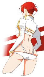 Rule 34 | 1girl, akitetsu, ass, bad id, bad twitter id, bikini, boudica (fate), butt crack, dimples of venus, fate/grand order, fate (series), from behind, hands on own hips, high collar, highres, juliet sleeves, long sleeves, o-ring, o-ring bikini, o-ring bottom, ponytail, puffy sleeves, red hair, short hair, shrug (clothing), simple background, skindentation, solo, swimsuit, white background