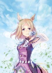 Rule 34 | 1girl, animal ears, arm at side, as&#039;maria, bare shoulders, blonde hair, bow, bowtie, breasts, closed mouth, cloud, day, diffraction spikes, dirt, dirty, dirty face, dress, english text, frown, gloves, highres, horse ears, horse girl, horse tail, long sleeves, looking at viewer, multicolored eyes, narita top road (umamusume), off-shoulder dress, off shoulder, outdoors, see-through, see-through sleeves, short hair, small breasts, solo, standing, tail, umamusume, upper body, v-shaped eyebrows, white gloves, wind, wiping face, yellow eyes