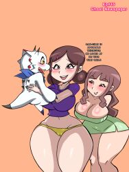 Rule 34 | anna (digimon ghost game), bimbofication, blush, breasts, brown hair, digimon, digimon (creature), digimon ghost game, gammamon, large breasts, long hair, looking at another, pink eyes, triceratops, tsukiyono ruli