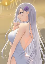 1girl back backless_dress backless_outfit breasts chandelier character_request commentary_request cowboy_shot dress fialka_tiursad flower grey_hair hair_flower hair_ornament hamu_(plot_sy) highres kimoota_mob_youhei_wa_minohodo_o_ben_(waki_ma)_eru large_breasts long_hair mole mole_under_eye nail_polish parted_lips pelvic_curtain profile purple_eyes purple_flower purple_nails purple_rose rose sleeveless sleeveless_dress smile solo very_long_hair white_dress