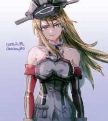 Rule 34 | 1girl, absurdres, anchor, anchor hair ornament, bare shoulders, bismarck (kancolle), blonde hair, blue background, blue eyes, breasts, cowboy shot, dated, detached sleeves, gradient background, hair ornament, hat, highres, kantai collection, large breasts, long hair, looking at viewer, military, military hat, military uniform, mitsu plus, one-hour drawing challenge, peaked cap, twitter username, uniform