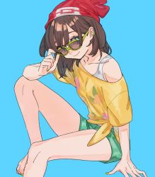 Rule 34 | 1girl, bare legs, barefoot, beanie, blue background, blue eyes, brown hair, creatures (company), cropped legs, floral print, game freak, green-framed eyewear, green shorts, hat, itou (very ito), looking at viewer, nintendo, no shoes, off-shoulder shirt, off shoulder, pokemon, pokemon sm, red hat, selene (pokemon), shirt, short hair, short shorts, short sleeves, shorts, simple background, smile, solo, sunglasses, t-shirt, tied shirt, yellow shirt