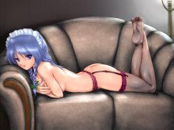 Rule 34 | 1girl, ass, black thighhighs, blue eyes, blue hair, braid, breast hold, breasts, casual nudity, couch, covering privates, feet, female focus, garter belt, hairband, izayoi sakuya, legs up, lingerie, lying, maid, maid headdress, matching hair/eyes, nail polish, no bra, no shoes, nude, nude cover, rasukaru, ribbon, short hair, soles, solo, thighhighs, toes, touhou, twin braids, underwear