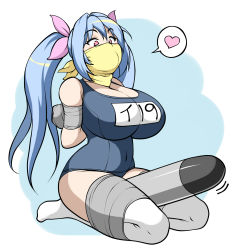 Rule 34 | 10s, 1girl, arms behind back, bdsm, between legs, blue hair, blush stickers, bondage, bound, bound arms, bound legs, breasts, cleavage, cloth gag, frogtie, gag, gagged, hair ribbon, heart, highres, huge breasts, i-19 (kancolle), improvised gag, jam-orbital, kantai collection, long hair, one-piece swimsuit, over the nose gag, phallic symbol, pink eyes, ribbon, school swimsuit, solo, spoken heart, swimsuit, tape, tape bondage, tape gag, taped hands, thighhighs, torpedo, twintails