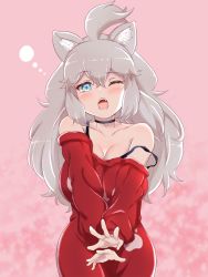 Rule 34 | 1girl, animal ear fluff, animal ears, big hair, black neckwear, blue eyes, choker, commentary request, cowboy shot, esuyukichin, highres, kemono friends, kemono friends 3, lion ears, long hair, long sleeves, looking at viewer, off shoulder, official alternate costume, one eye closed, open mouth, red sweater, solo, sweater, tearing up, teeth, white hair, white lion (kemono friends)