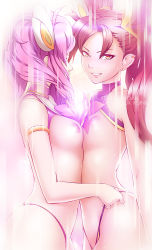 Rule 34 | 2girls, :d, arched back, arms at sides, bad id, bad pixiv id, blue-senpai, breasts, character name, cowboy shot, from side, jinx (league of legends), league of legends, looking at viewer, lux (league of legends), magical girl, medium breasts, multiple girls, navel, nipples, no bra, open mouth, pink hair, red eyes, red hair, riot games, small breasts, smile, standing, star guardian (league of legends), star guardian jinx, star guardian lux, thong, topless, twintails, yuri