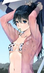 Rule 34 | 1girl, absurdres, adjusting hair, anchor symbol, animal print, bikini, blue eyes, blue hair, breasts, cow print, eyepatch bikini, hair between eyes, hair tie in mouth, highres, houshou (kancolle), kantai collection, long hair, magai akashi, mouth hold, open clothes, open shirt, pink shirt, see-through, shirt, small breasts, solo, swimsuit, umbrella, upper body, wet, wet clothes