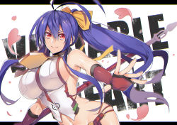 Rule 34 | 1girl, antenna hair, bare shoulders, blazblue, blazblue: central fiction, blazblue variable heart, blue hair, bow, breasts, fingerless gloves, genderswap, genderswap (mtf), gloves, hair between eyes, hair bow, hair ribbon, holding, holding weapon, large breasts, letterboxed, long hair, mai natsume, polearm, ponytail, purple eyes, red gloves, ribbon, sideboob, sidelocks, smile, solo, spear, uzukinoko, very long hair, weapon, yellow bow