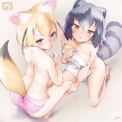 Rule 34 | 10s, 2girls, anho, animal ears, ass, back, bare back, blush, breasts, brown eyes, butt crack, cleavage, closed mouth, common raccoon (kemono friends), covering breasts, covering privates, fennec (kemono friends), finger to mouth, fox ears, fox tail, gradient hair, groin, half-closed eyes, hand on another&#039;s leg, japari symbol, kemono friends, kneeling, looking at viewer, looking back, medium breasts, multicolored hair, multiple girls, naked towel, no bra, nude cover, open mouth, panties, pink panties, raccoon ears, raccoon tail, short hair, simple background, smile, squatting, tail, topless, towel, underwear, underwear only, wet, white background