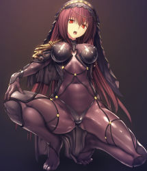 Rule 34 | 1girl, absurdres, bodysuit, breasts, brown hair, circlet, covered erect nipples, covered navel, fate/grand order, fate (series), feet, gradient background, hand on own knee, highres, kawanakajima, large breasts, long hair, no shoes, purple bodysuit, red eyes, scathach (fate), simple background, skin tight, solo, spread legs, squatting, teeth, veil, very long hair