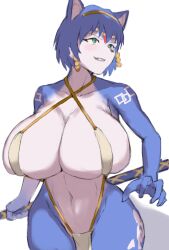 Rule 34 | 1girl, absurdres, blue hair, breasts, cleavage, curvy, furry, green eyes, grin, highres, huge breasts, krystal, legs, navel, nintendo, short hair, slingshot swimsuit, smile, solo, star fox, swimsuit, thick thighs, thighs, toned, weapon, wide hips
