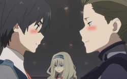 Rule 34 | 10s, 1girl, 2boys, black hair, blue eyes, blue hairband, blush, brown hair, darling in the franxx, hair ornament, hairband, hiro (darling in the franxx), kokoro (darling in the franxx), light brown hair, long sleeves, looking at another, male focus, military, military uniform, mitsuru (darling in the franxx), multiple boys, necktie, pilot suit, red neckwear, short hair, uniform