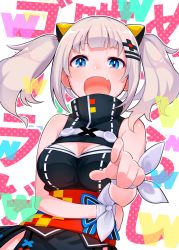 Rule 34 | 1girl, bad id, bad pixiv id, bare shoulders, black dress, blue eyes, breasts, cleavage, cleavage cutout, clothing cutout, commentary, cowboy shot, dress, fang, hair ornament, hairclip, highres, kaguya luna, large breasts, laughing, looking at viewer, medium hair, miyoshi yoshimi, obi, open mouth, pointing, ribbon, sash, silver hair, sleeveless, sleeveless dress, smile, solo, standing, tears, the moon studio, twintails, upper body, virtual youtuber, wrist ribbon