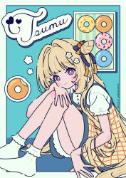 1girl artist_name blonde_hair blue_background blush closed_mouth commentary_request commission cone_hair_bun dated doughnut dress food hair_bun hair_intakes hand_on_own_knee highres knees_up long_hair looking_at_viewer nail_polish neki_(wakiko) no_shoes orange_nails original puffy_short_sleeves puffy_sleeves purple_eyes shirt short_sleeves single_side_bun sitting sleeveless sleeveless_dress socks solo very_long_hair white_shirt white_socks yellow_dress