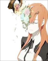 Rule 34 | 1girl, black jacket, black ribbon, blue flower, blue rose, closed mouth, collared shirt, closed eyes, fate/grand order, fate (series), fire, flower, flower over eye, hair between eyes, holding, holding flower, jacket, koreijou naku sun, leaf, long hair, neck ribbon, ophelia phamrsolone, orange hair, out of frame, pale skin, pink flower, pink rose, ribbon, rose, shirt, simple background, solo focus, surtr (fate), upper body, white background, white shirt