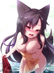 Rule 34 | 1girl, animal ears, blush, breasts, brown hair, cleavage, collarbone, embarrassed, groin, imaizumi kagerou, large breasts, long hair, nude, open mouth, red eyes, sivamaron, solo, sweat, tail, touhou, water, wolf ears, wolf tail