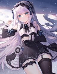Rule 34 | 1girl, bag, black bow, black bowtie, black thighhighs, blue eyes, blue nails, bow, bowtie, bridal garter, chain, crown, dress, drop earrings, earrings, expressionless, frilled dress, frills, garter straps, gothic lolita, hair ornament, hairclip, handbag, highres, jewelry, lolita fashion, looking at viewer, original, single garter strap, single thighhigh, solo, thighhighs, white hair, ymkrnchan