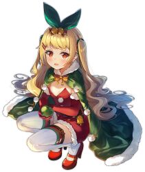 Rule 34 | &gt; &lt;, 1girl, azur lane, bell, bird, blonde hair, box, breasts, cape, chick, christmas, christmas ornaments, christmas tree, copyright name, dango remi, dress, elbow gloves, fur-trimmed cape, fur-trimmed gloves, fur trim, gift, gift box, gloves, green cape, hair bell, hair ornament, hairclip, high heels, jenkins (azur lane), jenkins (light of the holiest star) (azur lane), jingle bell, lamp, long hair, looking at viewer, manjuu (azur lane), official alternate costume, official art, open mouth, outdoors, red dress, red eyes, red footwear, red gloves, sack, santa costume, scarf, small breasts, snow, solo, squatting, strapless, strapless dress, thighhighs, twintails, white thighhighs