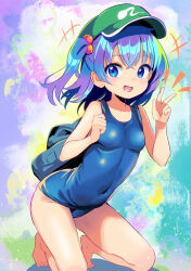 Rule 34 | 1girl, bare arms, bare legs, bare shoulders, barefoot, blue eyes, blue hair, blue one-piece swimsuit, collarbone, flat cap, green hat, hair bobbles, hair ornament, harakune (mugennero), hat, highres, kawashiro nitori, medium hair, one-piece swimsuit, open mouth, school swimsuit, smile, solo, swimsuit, touhou, two side up, v
