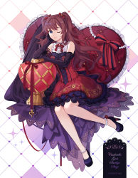 Rule 34 | 1girl, ;), bare shoulders, black gloves, blue eyes, blue footwear, bow, brown hair, closed mouth, commentary request, copyright name, dated, dress, elbow gloves, fen renlei, frilled pillow, frills, full body, gloves, hair bow, heart, heart background, heart-shaped pillow, high heels, ichinose shiki, idolmaster, idolmaster cinderella girls, idolmaster cinderella girls starlight stage, long hair, one eye closed, pearl anklet, pillow, red bow, red dress, shirt, shoes, sleeveless, sleeveless shirt, smile, solo, strapless, strapless dress, striped, striped bow, two side up, very long hair, white background, white shirt
