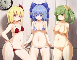 Rule 34 | 3girls, areola slip, belly, bikini, blonde hair, blue eyes, blue hair, blush stickers, bow, breasts, cirno, cleavage, daiyousei, gluteal fold, green eyes, green hair, hair bow, hand on own hip, large breasts, medium breasts, micro bikini, multiple girls, navel, plump, red eyes, rumia, side ponytail, smile, swimsuit, torso (hjk098), touhou