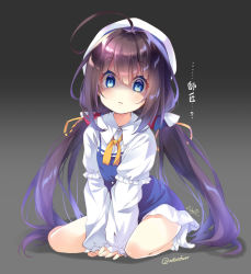 Rule 34 | 10s, 1girl, ahoge, between legs, blue dress, blue eyes, blush, bobby socks, brown hair, dress, fingernails, full body, hair between eyes, hand between legs, hinatsuru ai, layered sleeves, long hair, long sleeves, looking at viewer, low twintails, mocha (naturefour), no shoes, parted lips, puffy short sleeves, puffy sleeves, ryuuou no oshigoto!, school uniform, shaded face, short over long sleeves, short sleeves, sidelocks, signature, sleeves past wrists, socks, solo, translated, twintails, twitter username, very long hair, white socks