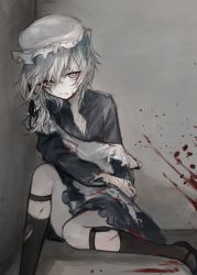 Rule 34 | 1girl, apron, bandages, black footwear, blood, blood on clothes, blood splatter, dress, female focus, grey eyes, hasunokaeru, hat, holding own arm, looking at viewer, maid, maid apron, mob cap, original, pale skin, parted lips, scratches, shoes, sitting, socks, solo, stitches