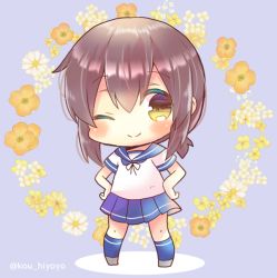 Rule 34 | 1girl, ;), black ribbon, blue sailor collar, blue skirt, blue socks, blush, brown eyes, brown flower, brown hair, chibi, closed mouth, commentary request, floral background, flower, fubuki (kancolle), full body, grey background, grey footwear, hair between eyes, hands on own hips, kantai collection, kneehighs, kou hiyoyo, looking at viewer, low ponytail, neck ribbon, one-hour drawing challenge, one eye closed, pleated skirt, ribbon, sailor collar, school uniform, serafuku, shirt, short ponytail, short sleeves, skirt, smile, socks, solo, standing, twitter username, white flower, white shirt, yellow flower
