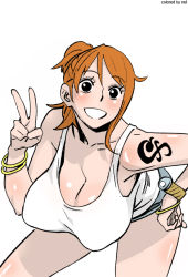 Rule 34 | 1girl, azumi (artist), bangle, bent over, black eyes, blush, bracelet, breasts, cleavage, hand on own hip, hanging breasts, huge breasts, jewelry, log pose, looking at viewer, nami (one piece), one piece, orange hair, ponytail, short hair, short shorts, shorts, smile, solo, tank top, tattoo, v, watch, wristwatch