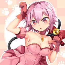 Rule 34 | 1girl, bell, bow, breasts, cat tail, choker, cosplay, detached sleeves, dress, gloves, highres, kantai collection, medium breasts, mew ichigo, mew ichigo (cosplay), pink choker, pink dress, pink hair, puffy detached sleeves, puffy sleeves, red eyes, red gloves, short hair, solo, strapless, strapless dress, tail, tail bell, tail bow, tail ornament, tama (kancolle), tokyo mew mew, upper body, yasume yukito