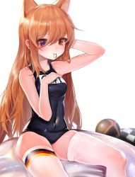Rule 34 | 1girl, animal ears, arm up, bad id, bad pixiv id, bare arms, bare shoulders, blurry, blurry background, breasts, brown eyes, brown hair, character name, closed mouth, commentary request, covered navel, depth of field, dokomon, earrings, g41 (girls&#039; frontline), german flag, girls&#039; frontline, hair between eyes, hand on own chest, hand up, highres, jewelry, korean commentary, long hair, looking at viewer, mouth hold, name tag, old school swimsuit, one-piece swimsuit, purple eyes, school swimsuit, sitting, skindentation, small breasts, solo, swimsuit, thighhighs, very long hair, white thighhighs