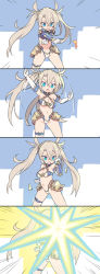 Rule 34 | 10s, 1girl, 4koma, armor, bare shoulders, beam shield, bikini, blade (galaxist), blonde hair, blue eyes, blush, bradamante (fate), bradamante (third ascension) (fate), braid, breasts, cleavage, comic, crown braid, elbow gloves, fate/grand order, fate (series), faulds, french braid, gloves, gridman universe, hair between eyes, large breasts, leg belt, long hair, looking at viewer, midriff, navel, parody, shield, silent comic, solo, ssss.gridman, standing, swimsuit, thigh strap, twintails, very long hair