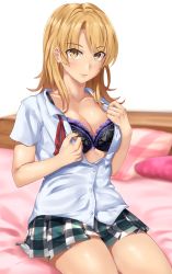 Rule 34 | 1girl, absurdres, bed, bed sheet, bra, breasts, closed mouth, female focus, frilled bra, frills, highres, indoors, isshiki iroha, large breasts, lips, long hair, looking at viewer, miniskirt, on bed, open clothes, pillow, plaid, plaid skirt, pleated skirt, short sleeves, sitting, skirt, solo, underwear, undressing, yahari ore no seishun lovecome wa machigatteiru.