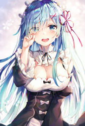 Rule 34 | 1girl, :d, black dress, blue eyes, blue hair, blush, breasts, cleavage, crying, crying with eyes open, detached sleeves, dress, hair ornament, hair over one eye, hand up, headdress, highres, huwari (dnwls3010), juliet sleeves, large breasts, long hair, long sleeves, looking at viewer, maid, open mouth, puffy sleeves, re:zero kara hajimeru isekai seikatsu, rem (re:zero), smile, solo, tears, upper body, very long hair, wide sleeves, x hair ornament