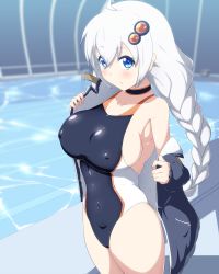 Rule 34 | 1girl, black jacket, black one-piece swimsuit, blue eyes, braid, breasts, choker, commentary request, competition swimsuit, covered erect nipples, danpu, highres, jacket, kizuna akari, large breasts, long hair, one-piece swimsuit, silver hair, solo, swimsuit, twin braids, voiceroid