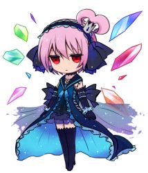 Rule 34 | 1girl, boots, chibi, choker, crystal, dress, elbow gloves, frills, gloves, hairband, kanonno earhart, pink hair, red eyes, short hair, tales of (series), tales of asteria, tales of the world radiant mythology 2, thigh boots
