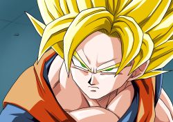 Rule 34 | 1boy, absurdres, blonde hair, closed mouth, collarbone, commentary request, derivative work, dragon ball, dragonball z, green eyes, highres, kamishima kanon, male focus, meme, parody, sailor moon redraw challenge (meme), serious, short sleeves, solo, son goku, spiked hair, super saiyan, super saiyan 1, upper body