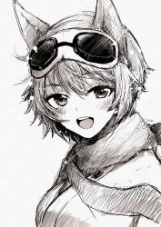 Rule 34 | 1girl, animal ears, blush, goggles, goggles on head, greyscale, hair ornament, highres, hora liar, katou keiko, monochrome, scarf, short hair, smile, solo, white background, world witches series