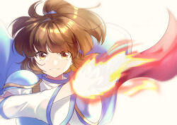Rule 34 | 1girl, arle nadja, blue cape, brown hair, cape, detached sleeves, fire, highres, looking at viewer, madou monogatari, murasaki gin&#039;ya, ponytail, puyopuyo, simple background, smile, solo, white background, yellow eyes