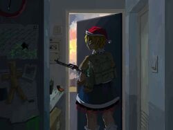 Rule 34 | 1girl, arm warmers, backpack, bag, blonde hair, bottle, calendar (object), clock, closed mouth, commentary, door, english commentary, green eyes, gun, hat, highres, holding, holding gun, holding weapon, indoors, kto znaet, light switch, mizuhashi parsee, multicolored clothes, pointy ears, red hat, rifle, santa hat, solo, touhou, weapon