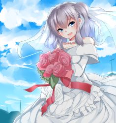 Rule 34 | 10s, 1girl, alternate costume, bad id, bad pixiv id, bare shoulders, blue eyes, blue sky, blush, bouquet, breasts, bridal veil, bride, cloud, cloudy sky, collar, day, dress, elbow gloves, flower, gloves, highres, jewelry, kantai collection, kashima (kancolle), large breasts, nebusoku, open mouth, sidelocks, silver hair, sky, solo, tears, tsurime, twintails, veil, wavy hair, wedding dress, white dress