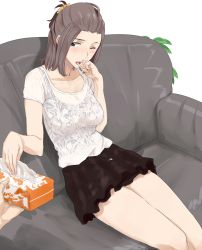 Rule 34 | 1girl, brown hair, couch, ogros, one eye closed, original, scrunchie, see-through, simple background, sitting, skirt, solo focus, tank top, tissue, tissue box