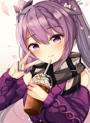Rule 34 | 1girl, alternate costume, cappuccino, casual, commentary request, contemporary, cup, detached sleeves, disposable cup, double bun, drinking straw, genshin impact, hair between eyes, hair bun, hair ornament, highres, holding, holding cup, keqing (genshin impact), keqing (lantern rite) (genshin impact), long hair, looking at viewer, petals, photo shoot, plaid, plaid scarf, purple eyes, purple hair, purple sweater, scarf, sidelocks, signature, simple background, smile, solo, sweater, teca (ryeol), twintails, v, white background