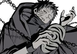 Rule 34 | 1boy, chain, cloak, holding, holding mask, male focus, mask, mitendakara, naruto (series), one eye closed, parted lips, red eyes, scar, scar on face, sharingan, short hair, solo, spiked hair, uchiha obito