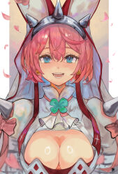Rule 34 | 1girl, ahoge, animal ears, aqua eyes, blush, border, breasts, bridal veil, cleavage, cleavage cutout, clothing cutout, clover, dress, earrings, elphelt valentine, fake animal ears, four-leaf clover, guilty gear, guilty gear xrd, hair between eyes, hairband, highres, huge ahoge, jewelry, large breasts, levvellevvel, looking at viewer, open mouth, petals, pink hair, pink ribbon, rabbit ears, ribbon, shiny skin, short hair, solo, spiked hairband, spikes, upper body, veil, wedding dress, white border