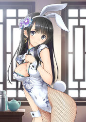 Rule 34 | 1girl, animal ears, black eyes, black hair, blush, breasts, buttons, cleavage, closed mouth, commentary request, covered navel, day, earrings, fake animal ears, fake tail, fishnet pantyhose, fishnets, floral print, hair ornament, hand on own chest, hand up, head tilt, heart, heart earrings, highleg, highleg leotard, indoors, jewelry, leotard, long hair, looking at viewer, medium breasts, original, pantyhose, ping-yi (tony taka), playboy bunny, rabbit ears, rabbit tail, shiny skin, simple background, sleeveless, smile, solo, tail, teapot, tony taka, window, wrist cuffs