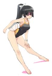 Rule 34 | 1girl, ball, barefoot, bent over, black hair, brown eyes, chiaki kurihara, competition swimsuit, hand on own knee, long hair, matsumoto noriyuki, miniskirt pirates, one-piece swimsuit, ponytail, simple background, sketch, solo, sunglasses, swimsuit, white background