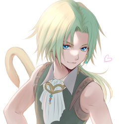 Rule 34 | 1boy, ascot, bare shoulders, blonde hair, blue eyes, closed mouth, collared shirt, final fantasy, final fantasy ix, green vest, heart, ironeden noel, looking at viewer, low ponytail, male focus, monkey tail, parted bangs, portrait, shirt, short hair with long locks, sleeveless, sleeveless shirt, smile, smirk, solo, tail, upper body, vest, white ascot, white background, white shirt, zidane tribal