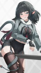 1girl :q animal_ears bad_id bad_pixiv_id black_garter_straps black_gloves black_hair black_necktie black_pantyhose black_shirt black_shorts black_thighhighs blush breasts cleavage commentary crop_top fingerless_gloves fur-trimmed_jacket fur_trim garter_straps gloves gradient_hair green_eyes green_jacket hand_up high-waist_shorts highres jacket jane_doe_(zenless_zone_zero) large_breasts looking_at_viewer midriff mouse_ears mouse_girl mouse_tail multicolored_hair nail_polish necktie night_known pantyhose pantyhose_under_shorts red_hair red_nails red_necktie revision shirt shorts sidelocks single_garter_strap single_leg_pantyhose single_thighhigh solo tail thighhighs tongue tongue_out torn_clothes torn_pantyhose torn_thighhighs two-tone_necktie zenless_zone_zero